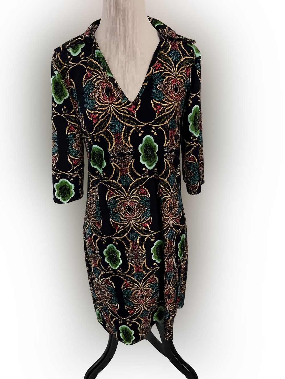 Aryeh Anthropologie V Neck Black Floral Paisley Dress M Boho 3/4 Sleeve Collar